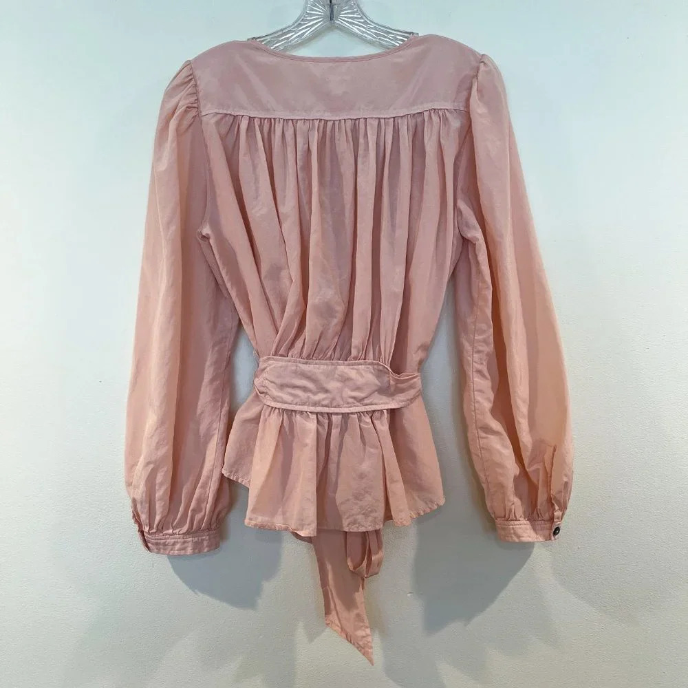 La Vie Rebecca Taylor Pink Silk Blend Balloon Sleeve Bow Button Down Blouse M - Picture 8 of 8